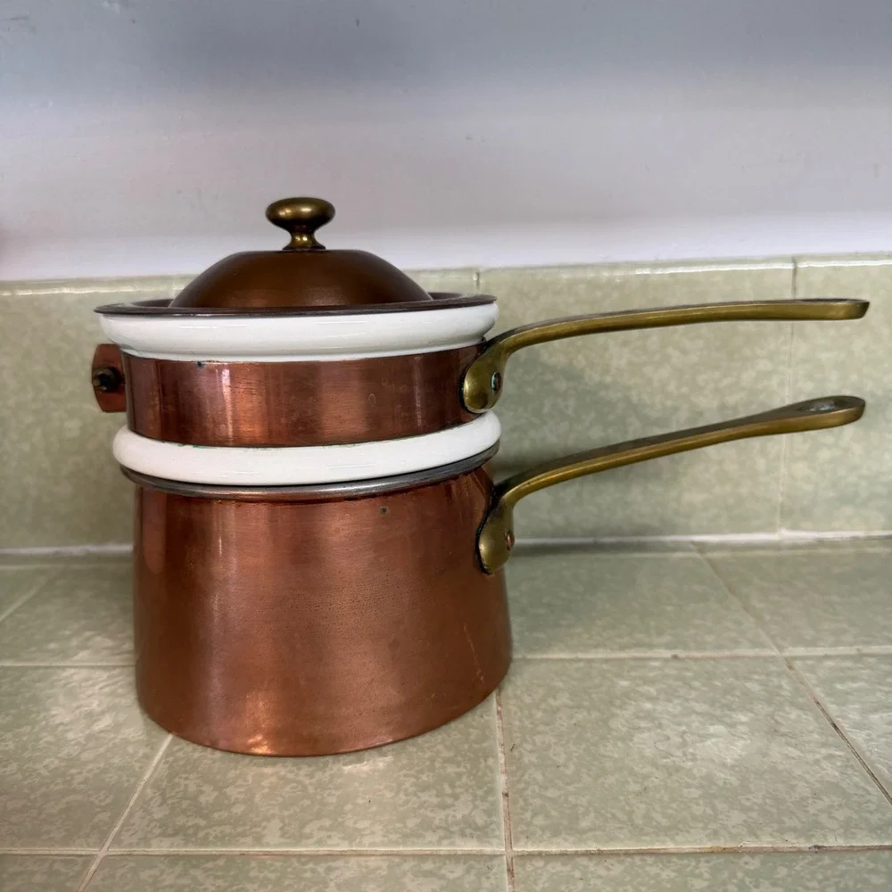 Waldow Brooklyn NY Copper Double Boiler with Ceramic Insert and Brass Handles